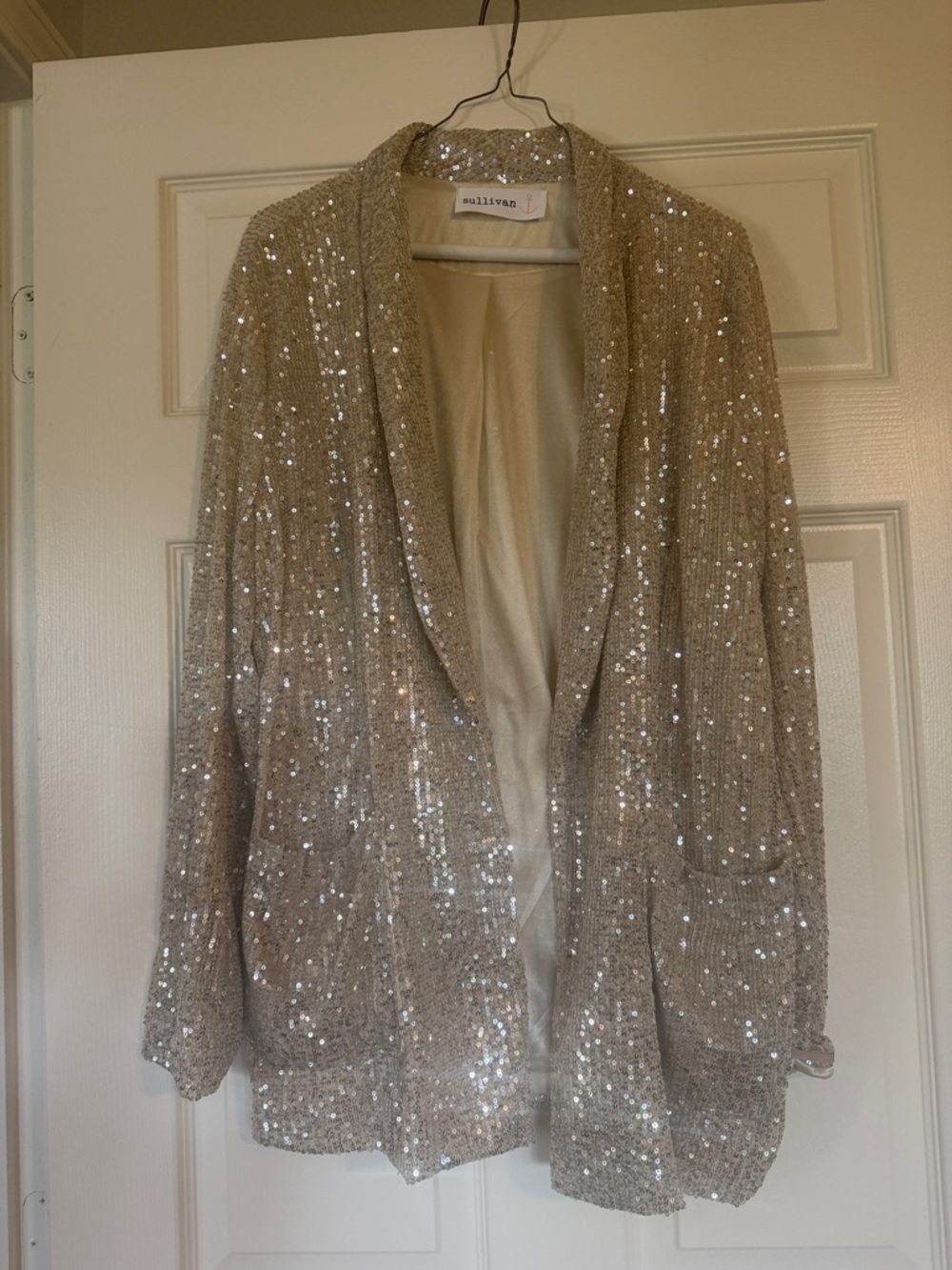 Mullvann Women's Champagne Sequin Open-Front Blazer